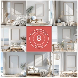Puede incluir: Un conjunto de ocho maquetas de marcos que presentan diferentes estilos de diseño de interiores con un tema costero. Los marcos están todos vacíos y listos para su diseño.