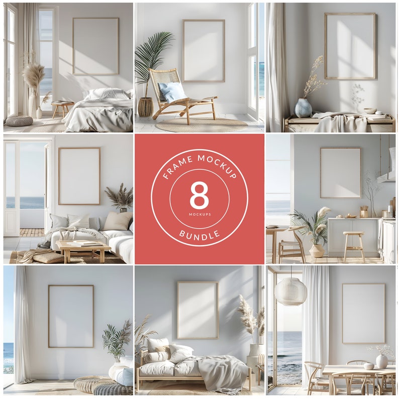 May include: A set of eight frame mockups featuring various interior design styles with a coastal theme. The frames are all empty and ready for your design.
