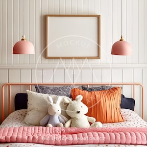 Maqueta de marco de habitación para niños, proporción 5:4, colores rosa salmón azul, maqueta de habitación para niños, objeto inteligente PSD, descarga instantánea