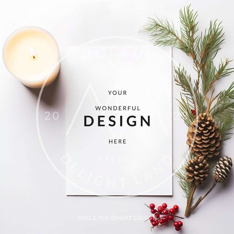 May include: A white card with the text "YOUR WONDERFUL DESIGN HERE" on a white background with a lit candle, pine branches, pine cones, and red berries.