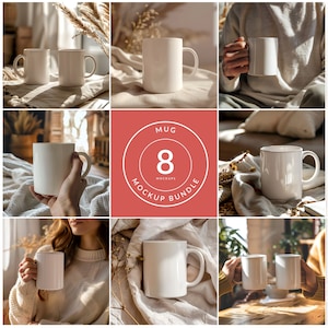 May include: A set of eight white ceramic mugs in various lifestyle settings. The mugs are blank and ready for customisation. MUG 8 MOCKUPS BUNDLE is written on a red circle.