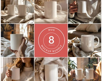 White Ceramic Mug Mockup Bundle, Cozy Neutral Aesthetic, Mug mockup, PSD smart object, Instant download