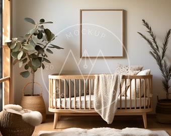 Nursery frame mockup, Wooden frame, Nursery mockup, Light Neutral Decor, PSD smart object, Digital download