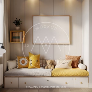 Maqueta de marco para habitación de niños, formato horizontal, relación de aspecto 4:3, colores verdes, maqueta de habitación de niños, objeto inteligente PSD, descarga instantánea