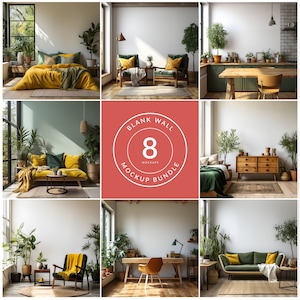 Yellow/green Boho blank wall mockup bundle, Blank wall mockup, Boho interior,  Image background, Digital download