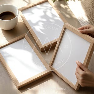 3 Frame Mockup with hands, 5x7/DIN A ratio, Wood frame, Flat lay, Neutral tones, PSD Mockup, Digital download