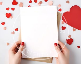 Puede incluir: Una tarjeta blanca en blanco sostenida por manos con esmalte de uñas rojo, rodeada de corazones rojos y rosas sobre un fondo blanco. La tarjeta está sobre un sobre marrón. El texto "JPEG & PSD (SMART OBJECT)" está en la parte inferior de la imagen.