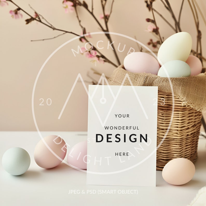 May include: A white card with the text "YOUR WONDERFUL DESIGN HERE" on a white table with a wicker basket filled with pastel colored Easter eggs and a branch of pink blossoms.
