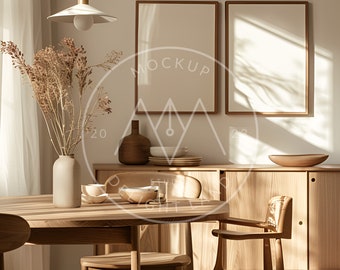 May include: Two framed posters with a white background and a wooden frame hang on a wall in a dining room. The room has a wooden table with four chairs, a vase with dried flowers, and a wooden cabinet with dishes.