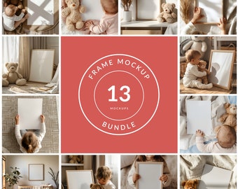 May include: A set of 13 blank picture frames in various sizes and styles, perfect for displaying photos or artwork. The frames are arranged in a collage-style layout, with some frames featuring a white background and others featuring a light wood background. The frames are surrounded by a variety of props, including teddy bears, plants, and blankets.