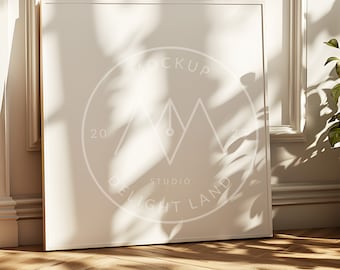 Square Frame Mockup, Frame on floor mockup, Natural Sun light, 1:1 ratio, PSD smart object, Instant download