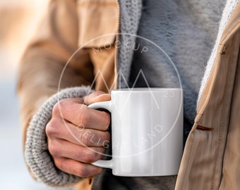 White Ceramic Mug Mockup, Man holding cup, Winter Mug Mockup, PSD smart object, Instant download