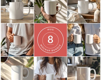 Weißer Keramikbecher Mockup Bundle, Neutral Frühling Ästhetik, Becher Mockup, PSD Smart Objekt, Sofort Download
