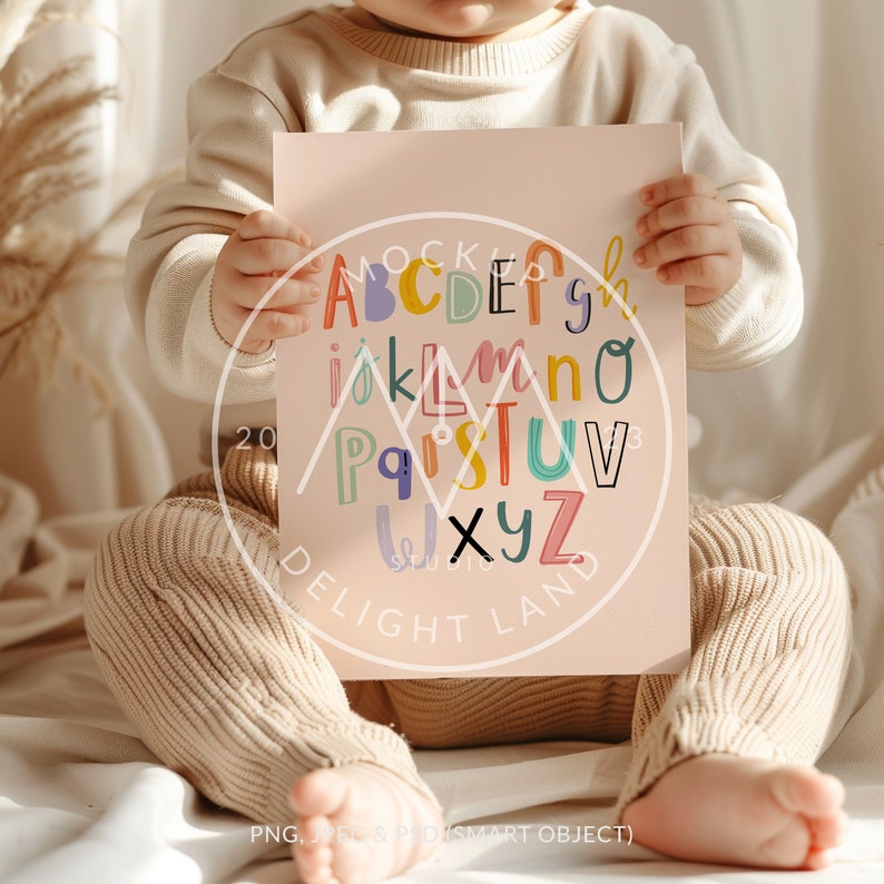 May include: A child holds a pink poster with a colorful alphabet printed on it. The letters are in a playful, handwritten style. The poster says "DELIGHT LAND" at the bottom.
