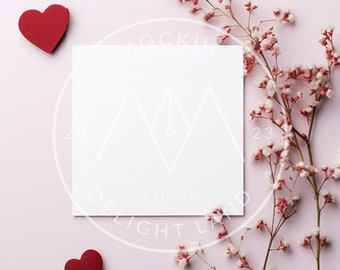 Puede incluir: Una tarjeta blanca con un espacio en blanco para texto, rodeada de flores rosas y dos corazones rojos sobre un fondo rosa.