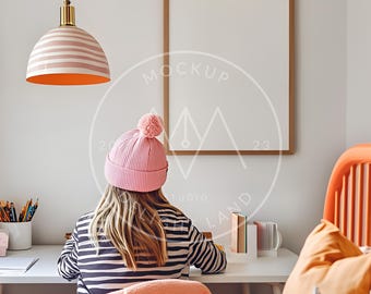 Kids room frame mockup, 3:4 ratio, Pink Salmon Blue colors, Children's room mockup, PSD smart object, Instant download