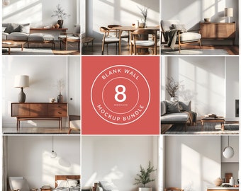 May include: A set of 8 blank wall mockup images featuring various living room and bedroom interior design scenes. Each image showcases a white wall with natural light and different furniture arrangements, perfect for showcasing artwork, posters, or other wall decor.