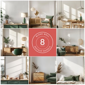 May include: A set of 8 blank wall mockup images featuring various rooms with different furniture and decor. The images are perfect for showcasing artwork, posters, or other wall decor.