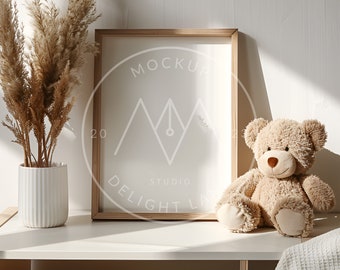 Nursery frame mockup with teddy, 3:4 ratio, Neutral color, Nursery mockup, PSD smart object, Instant download