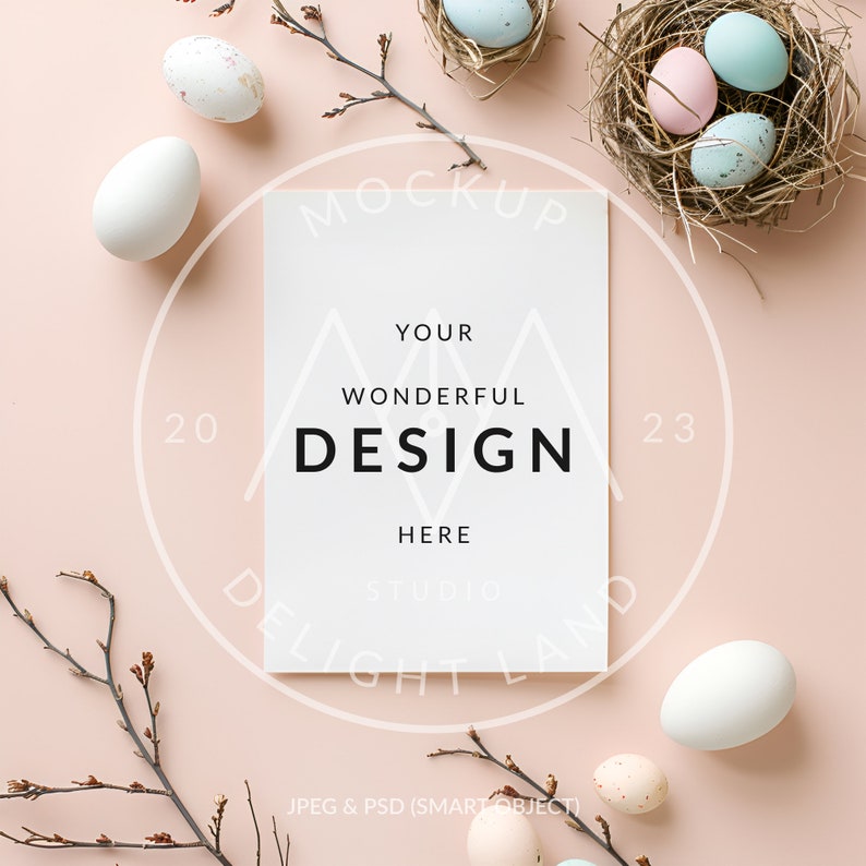 May include: A white card mockup with the text "YOUR WONDERFUL DESIGN HERE STUDIO DELIGHT LAND" on a pink background with Easter eggs and branches.