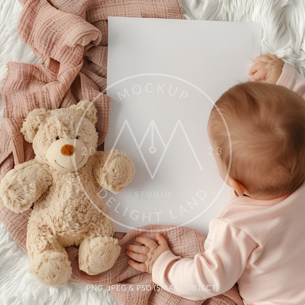 Nursery poster mockup with baby, DIN ratio, Light pink color, Nursery mockup, PSD smart object, Instant download