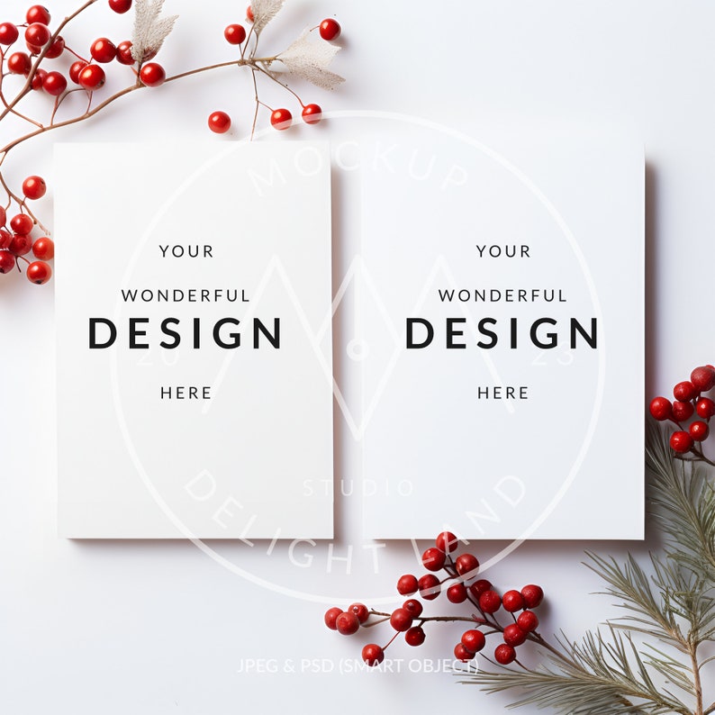 May include: Two white cards with the text "Your Wonderful Design Here" on a white background with red berries and green pine branches.