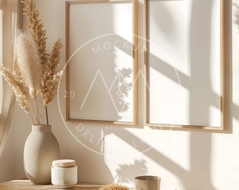 2 Frame Mockup over Dresser, 2x3 ratio, Wood frame, Neutral tones, PSD Mockup, Digital download
