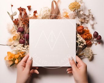 Fall Greeting Card mockup, Square ratio, Invitation mockup, Autumn invitation, Fall card, PSD smart object, Instant download