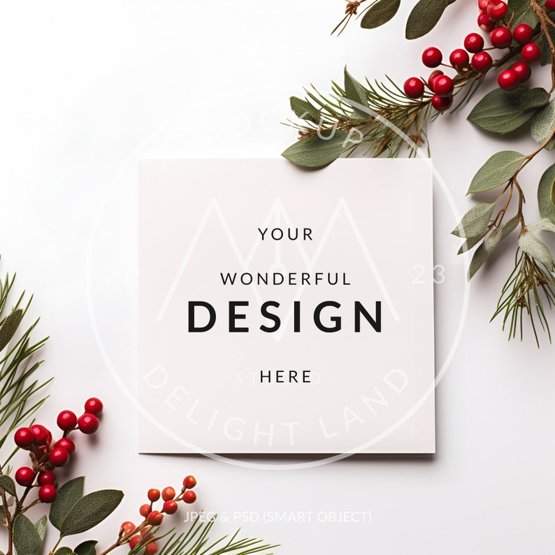 May include: A white card with the text "YOUR WONDERFUL DESIGN HERE" surrounded by green leaves and red berries on a white background.