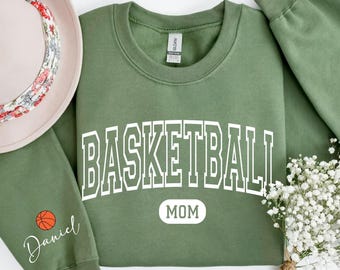 Personalized Basketball Mom Sweatshirt, Basketball Mom Hoodie With Name on Sleeve, Basketball Lover Mom Gift, Custom Basketball Mama Sweater