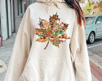 Cute Fall Hoodie, Patchwork Leaf Sweatshirt, Fall Season Sweater, Autumn Leaf, Fall Vibes Hoodie, Cozy Fall Sweatshirt, Preppy Fall Sweater