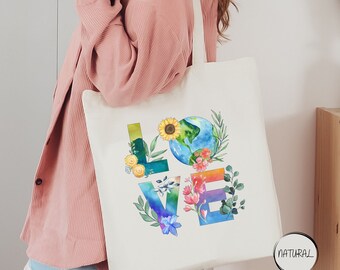 Love Earth Tote Bag, Earth Day Tote Bag, Earth Day Awareness, Floral Earth Tote Bag, Environmental Gifts, Peace Love Earth, Earth Day Gifts