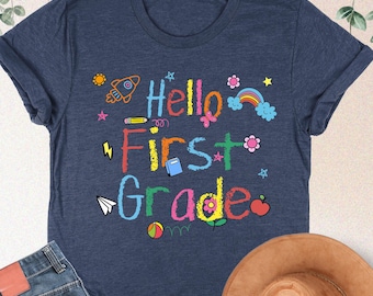 Custom Hello School Shirt, Back To School Teacher Shirt, Kindergarten Teacher Gift, 1st Day Teacher Tee, First Grade Shirt, 2nd Grade Tshirt