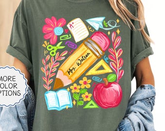 Comfort Colors® Custom Teacher Shirt, Floral Teacher Tee, Elementary Teacher Gift, Teacher Pencil, Teacher Life Shirt, First Day Of School