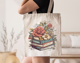 Flower Books Tote Bag, Book Lover Gift, Bookish Tote Bag, Floral Book, Librarian Tote Bag, Bookworm Gift, Reading Tote Bag, Aesthetic Bag