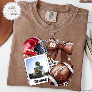 Comfort Colors® Customized Football Photo Shirt, Name And Number Football Shirt, Football Mom Gift, Coquette Football Tee, Womens Football