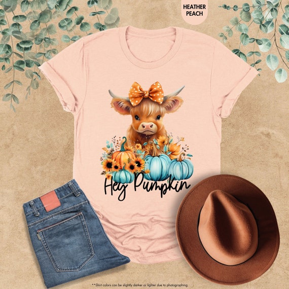 Hey Pumpkin Shirt, Cute Highland Cow Shirt, Fall Cow Shirt, Western Highland Cow Shirt, Pumpkin Flower, Cow Themed Gift, Thanksgiving Shirt