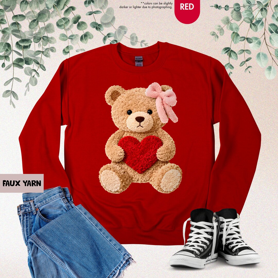 Faux Yarn Valentine's Day Teddy Bear Sweatshirt, Cute Gift for ...