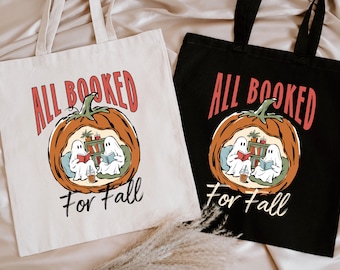 All Booked for Fall Reader Tote Bag, Pumpkin Stack Bag, Autumn Bookworm Gift, Cozy Library Tote Bag, Fall Reading Bag, Bookish Market Tote