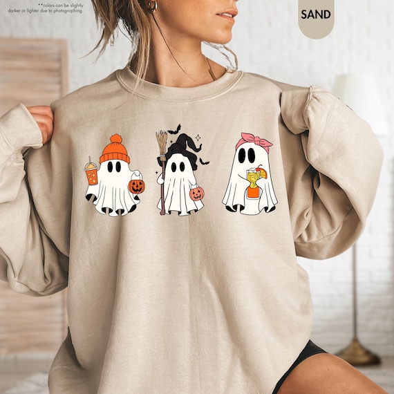 Halloween Ghost Sweatshirt, Spooky Ghost Hoodie, Cute Halloween Sweater, Woman Halloween Hoodie, Ghost Drinking, Spooky Season Sweatshirt