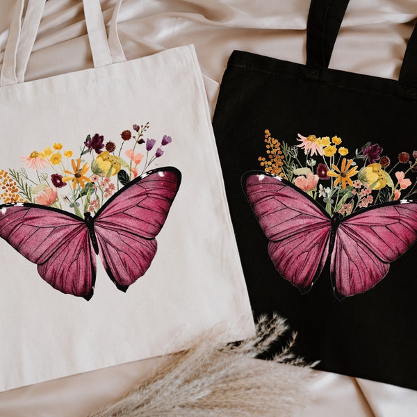 Butterfly With Wild Flower Bag, Floral Butterfly, Nature Lover Gift, Bohemian Tote Bag, Funny Positive Vibes Bag, Butterfly Lovers Tote Bag