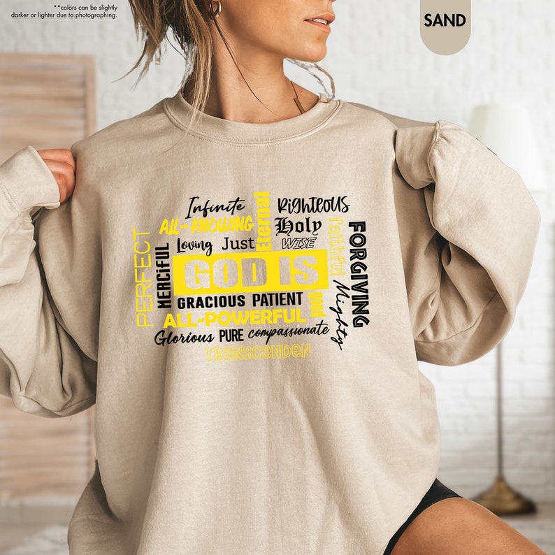 a woman wearing a sweatshirt with words all over it