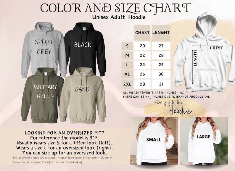 Op de afbeelding: Kleur- en maattabel voor unisex hoodies voor volwassenen. De tabel toont borst- en lengtematen in inches voor de maten S tot en met 2XL. De afbeelding toont hoodies in de kleuren sportgrijs, zwart, legergroen en zand. Er is ook een maattabel voor een oversized pasvorm.