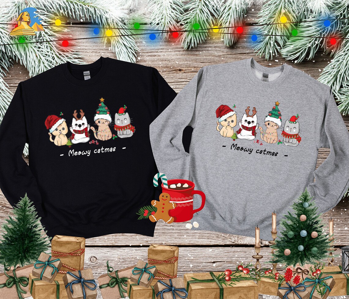 Meowy Christmas Sweatshirt, Cat Christmas Sweater, Cat Lover Sweatshirt