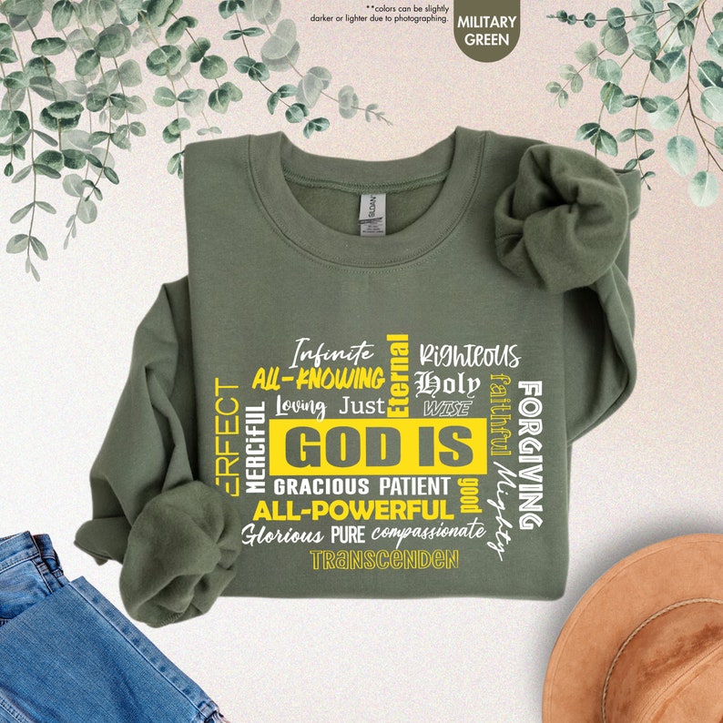 a green t - shirt with the words god's on it next to a