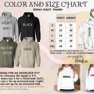May include: Size chart for a unisex adult hoodie. The chart shows chest and length measurements in inches for sizes S, M, L, XL, and 2XL. The hoodie is available in 10 colors: Sport Grey, Black, Military Green, Sand, White, Heather Sport Grey, Heather Sport Navy, Heather Sport Red, Heather Sport Purple, and Heather Sport Pink.