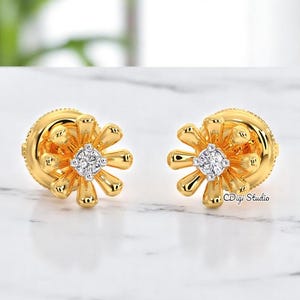 Handmade Moissanite Flower Stud Earrings: 14K Gold Dainty Daisy