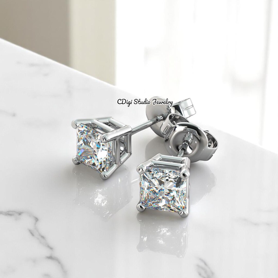 Princess Cut Lab Grown Diamond Stud Earrings: 14K Gold, IGI Certified G ...