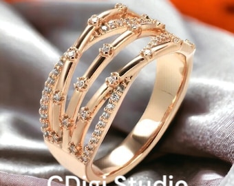 Handmade Moissanite Leaf Ring: 14k Rose Gold Plated Sterling Silver Bridal Ring