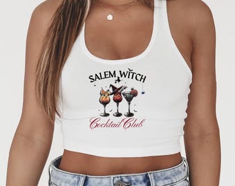 Salem Witch Cocktail Club Crop Tank Top Women’s Halloween Graphic Shirt Witchy Fall Aesthetic Top Spooky Season Party Outfit Witch Baby Tee